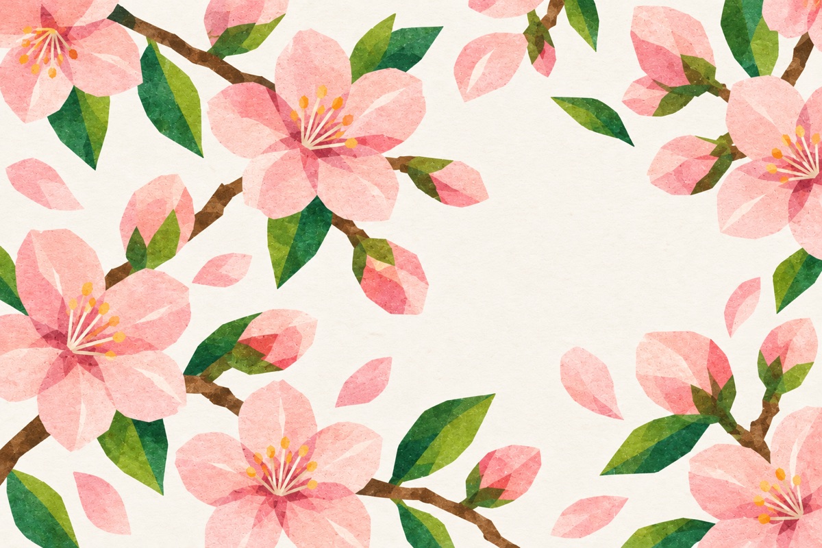 A cherry blossom postcard: blossoms around a white label